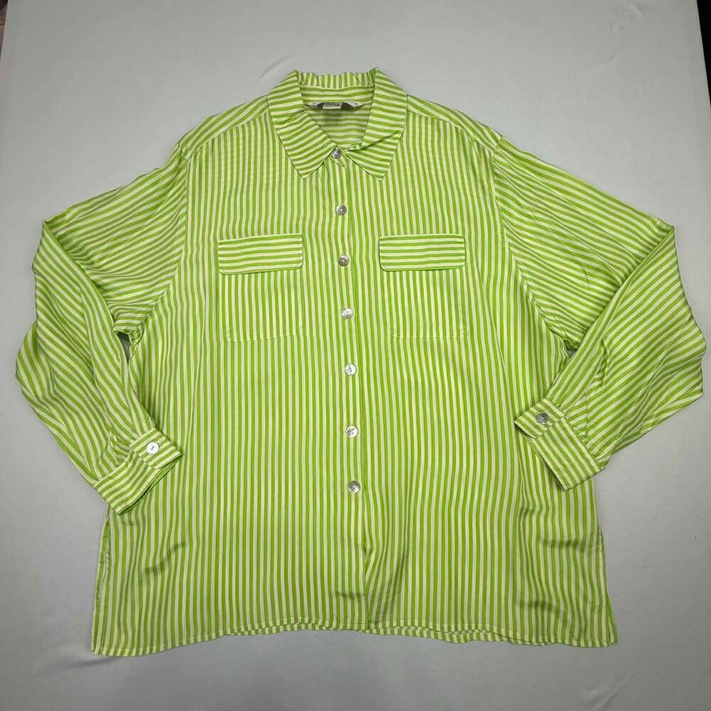 Melrose Silk Studio 100% Silk Lime Green and White Striped Long Sleeve Button Do